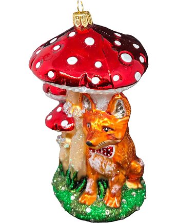 Ręcznie malowana szklana bombka lisek pod muchomorem, STARGLASS