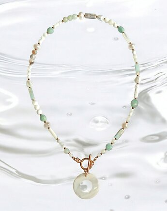Naszyjnik wakacyjny : perły , muszla, amazonit, jaspis cesarski :: light, kaktusia