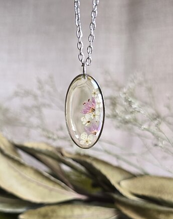 Wieczne kwiaty srebrna zawieszka jajowata suszone różowe