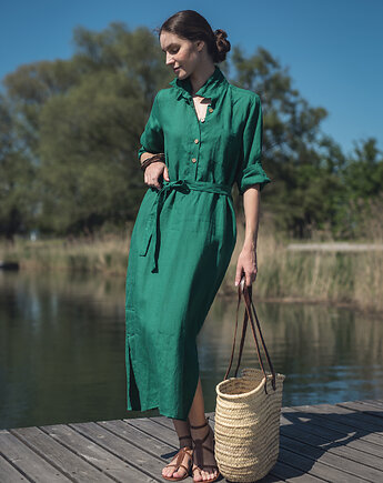 Lniana sukienka koszulowa  szmaragdowa, LENOUI