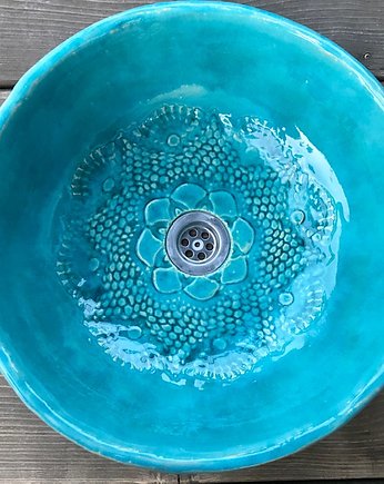 UM8 Umywalka ceramiczna,  turkusowa, okrągła, folkowa koronka na dnie, Dekornia