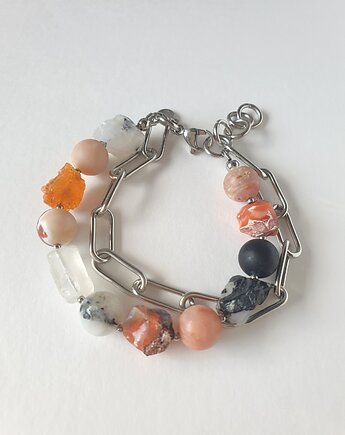 Bransoletka RAW z grubym łańcuchem, opal ognisty, kryształ, czarny turmalin, modesign