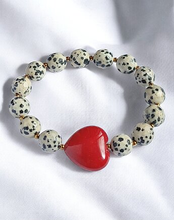 Jaspis dalmatyński i serce : CZERWIEŃ : bransoletka na gumce, kaktusia