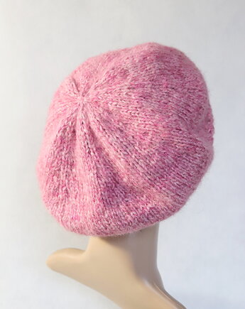 Różowo - beret zrobiony na drutach, RękaProduction