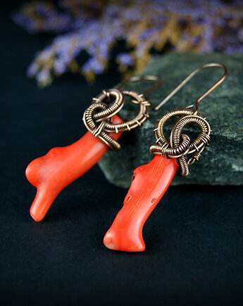 Kolczyki wire wrapping z koralem, Blue Pearl Art