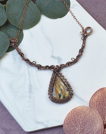Miedziany naszyjnik wire wrapping z labradorytem #505, Spirit Of Copper