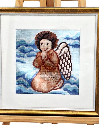 Obraz Haftowany Aniołek Modlący Się 24x24 cm w Złotej Ramie, Sklep Angelos