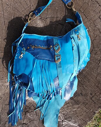 Duża skórzana niebieska  torebka boho, martuch