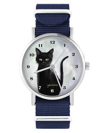 Zegarek - Czarny kot , cyfry - granatowy, nylonowy, yenoo