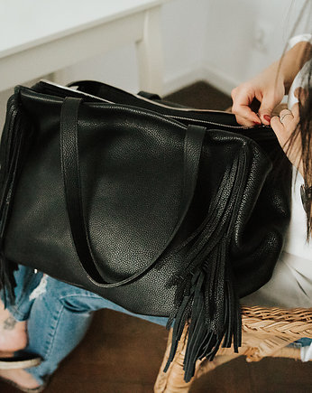 Skórzana shopper bag czarna Frędzle, NASHE