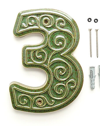Numer domu, cyfra 3, zielono-brązowa, do przykręcenia, pracowniazona