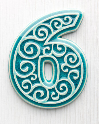 Numer mieszkania - ceramiczna cyfra 6 turkusowa, wys.8 cm, pracowniazona