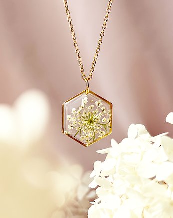 Biżuteria z żywicy naszyjnik dzika marchew, Jaskółcze ziele handmade 