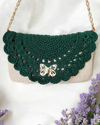 Ażurowa torebka z motylem ecru + zieleń, KEIT