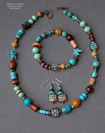 Unikatowy komplet turkusowy: naszyjniki, bransoleta, kolczyki Handmade gift, Galeria Limart