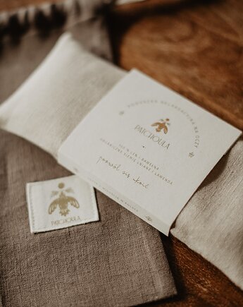 KOMPLET poduszka relaksacyjna na oczy Tahini i lniany woreczek, Patchoula