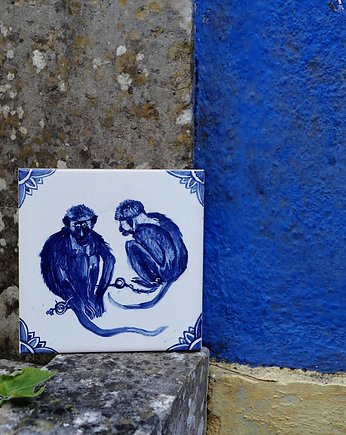 Kafelek ręcznie malowany z małpkami Breughla, azulkafelki