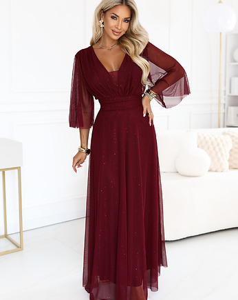654-6 Długa połyskująca sukienka plus size z dekoltem - bordowa, NUMOCO
