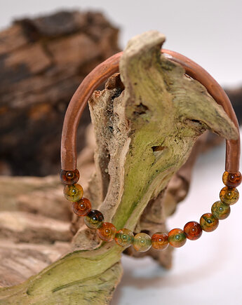 Bransoletka miedziana handmade z koralikami: agat, FutharkCopper