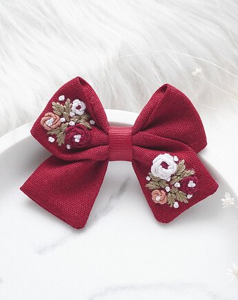 HAFTOWANA Spinka / opaska do włosów świąteczna kokarda BORDOWA, FILIPOLA