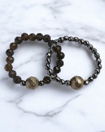 Zestaw pierścionków : obsydian złoty, piryt, hematyt, kaktusia