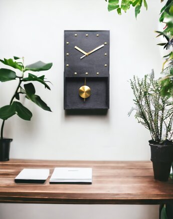 Drewniany Czarny  zegar ścienny z wahadłem - bez tykania, Clock Wood Studio