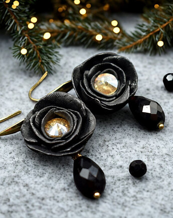 Eleganckie kolczyki czarne kwiaty z kryształami, Pracownia Kameleon