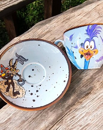 Struś pędziwiatr. Ręcznie malowana filiżanka i spodek., Miniart10