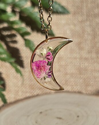 Złoty wisiorek złota zawieszka księżyc suszone kwiaty, zkwiatem