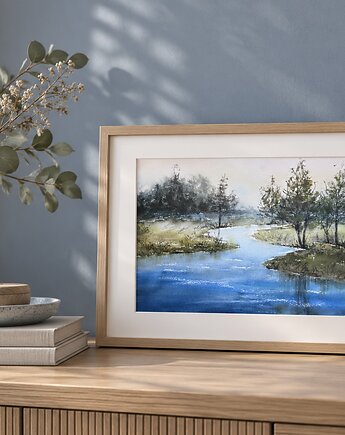 Obraz akwarelowy "Wiosenny brzeg" oprawiony w passe-partout 40x50 cm, Betańska Studio