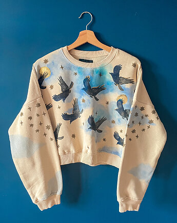 Bluza oversize w print z krukami i złotymi gwiazdami na niebie S, ArtZouzeau
