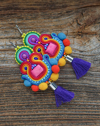 Etniczne  kolczyki soutache z pomponami, Mró Soutache