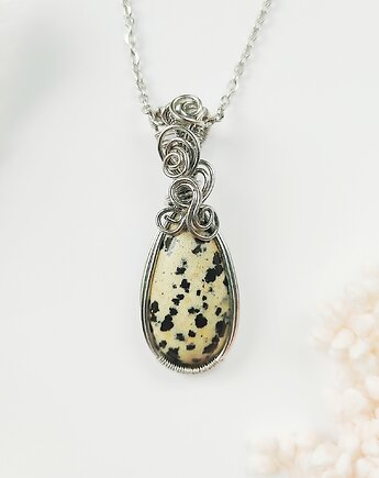 Naszyjnik Jaspis Dalmatyński stal chirurgiczna wisiorek handmade wirewrapping, byNostawen