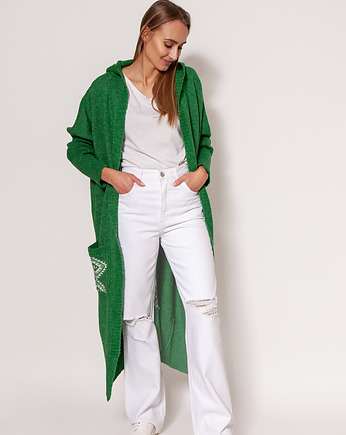 Dzianinowy płaszcz z kapturem - PA020 zielony MKM, MKMswetry