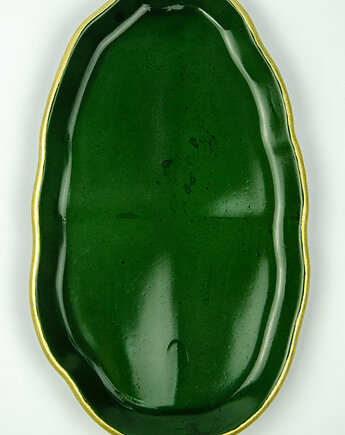 Podstawka z gipsu polimerowego, nieregularna owalna, zielona ze złotym brzegiem, Samorobne