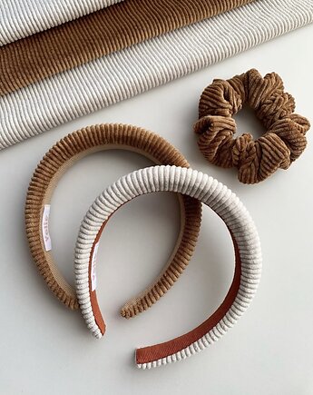 Sztruksowa opaska na gąbce Off-white z pomarańczową tasiemką, Volie Line