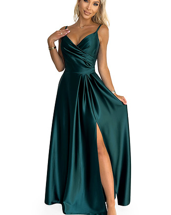 299-9 CHIARA elegancka maxi satynowa suknia na ramiączkach - ZIELEŃ BUTELKOWA, NUMOCO