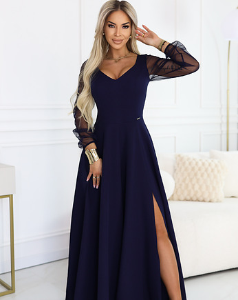 640-3 LORETTA wyjątkowa długa sukienka z tiulowymi rękawami - granatowa, NUMOCO