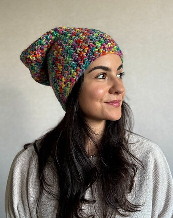 Kolorowa duża czapka beanie z wełną i alpaką, Zasznurowane