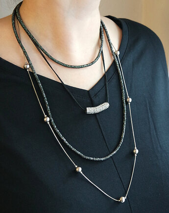 Naszyjnik - Srebrno czarny - łańcuszek, kryształki, yenoo