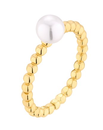 Pierścionek kuleczkowy srebrny pozłacany z perłą, OKAZJE - Prezenty na 18 dla dziewczyny