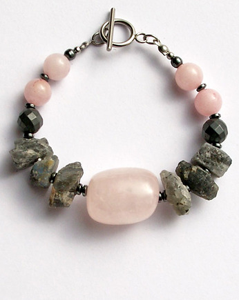 S A L E : UNIKATOWA bransoleta & kolczyki : kwarc różowy, labradoryt, kaktusia