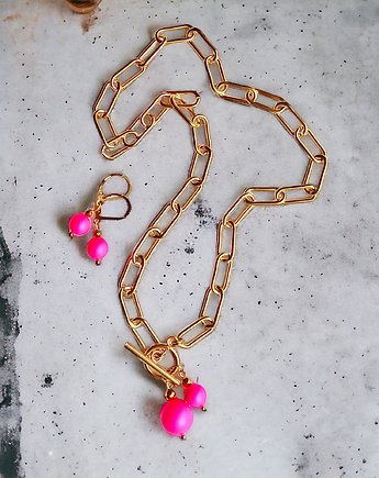 KOMPLET Swarovski neon pearls : TWO : neon pink : naszyjnik, kolczyki, kaktusia