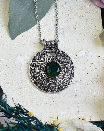 Miedziany posrebrzany wisiorek z zielonym kwarcem - etniczny, boho, Spirit Of Copper