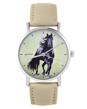 Zegarek - Czarny koń 2 - skórzany, beżowy, OKAZJE - Prezenty na 18 dla chłopaka