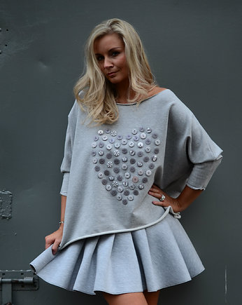 BLUZA SZARA SERCE GUZIKI - handmade - oversize , Pudrowy Różowy