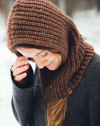 PUSZCZYK - Puchaty Kaptur Balaklava  Wełna Merino z Bawełna Brązowy, KOPYTO