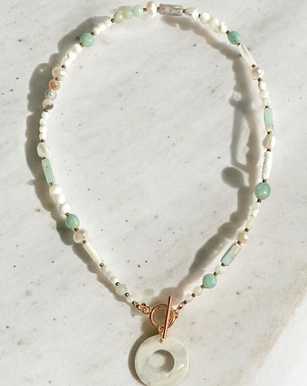 Naszyjnik : perły , muszla, amazonit, jaspis cesarski :: light, kaktusia