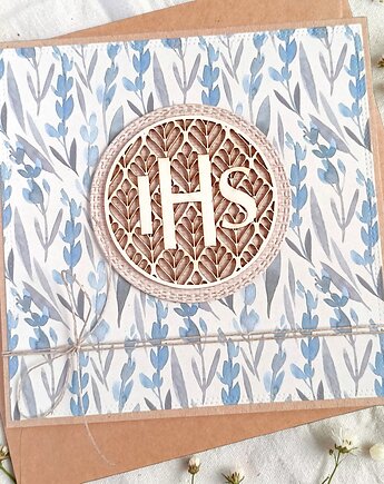 Kartka komunijna dla chłopca 2026 : kwiaty niebiesko-szare, kaktusia