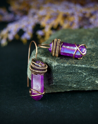 Kolczyki wire wrapping z kwarcem tytaowym, Blue Pearl Art